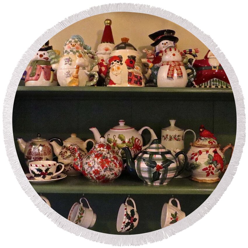 Christmas Teapots Round Beach Towel featuring the photograph Christmas Tea Time by Nancy Patterson