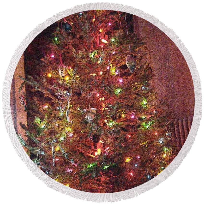 Red Round Beach Towel featuring the photograph Christmas Tree Memories, Red by Carol Whaley Addassi