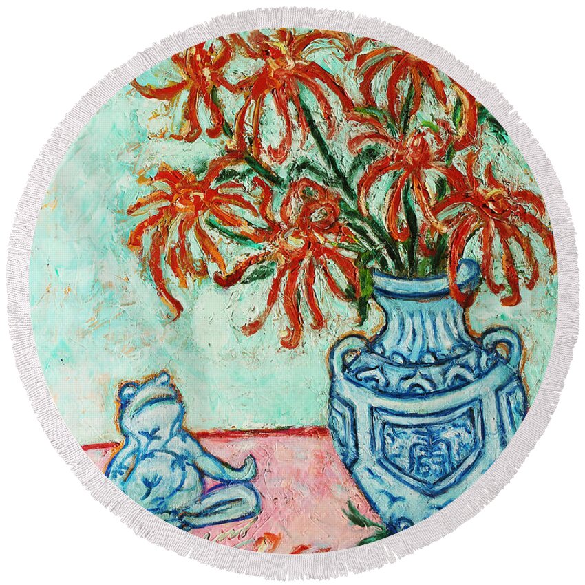 Chrysanthemum Round Beach Towel featuring the painting Chrysanthemum and Frog by Xueling Zou