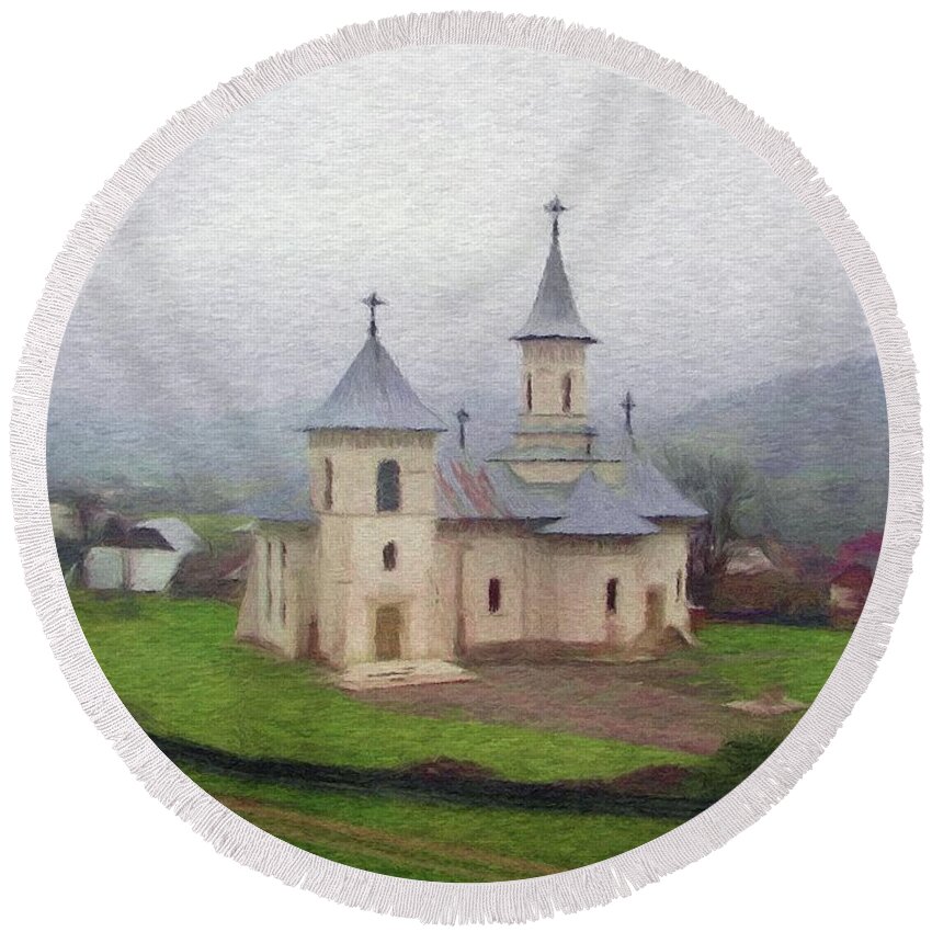 Chapel Round Beach Towel featuring the painting Church in the Mist by Jeffrey Kolker