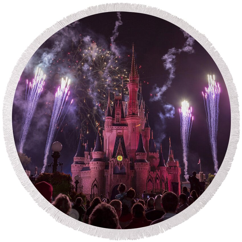 3scape Round Beach Towel featuring the photograph Cinderella's Castle with Fireworks by Adam Romanowicz