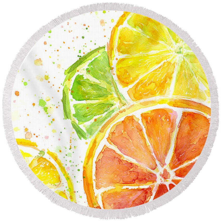 Citrus Round Beach Towel featuring the painting Citrus Fruit Watercolor by Olga Shvartsur