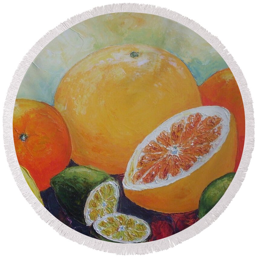 Citrus Round Beach Towel featuring the painting Citrus Splash by Paris Wyatt Llanso
