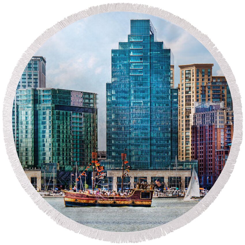 Maryland Round Beach Towel featuring the photograph City - Baltimore MD - Harbor east by Mike Savad