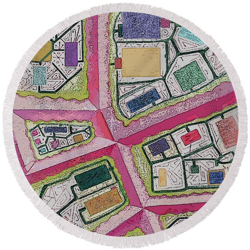 Abstract Round Beach Towel featuring the digital art City Circuits by Carol Jacobs