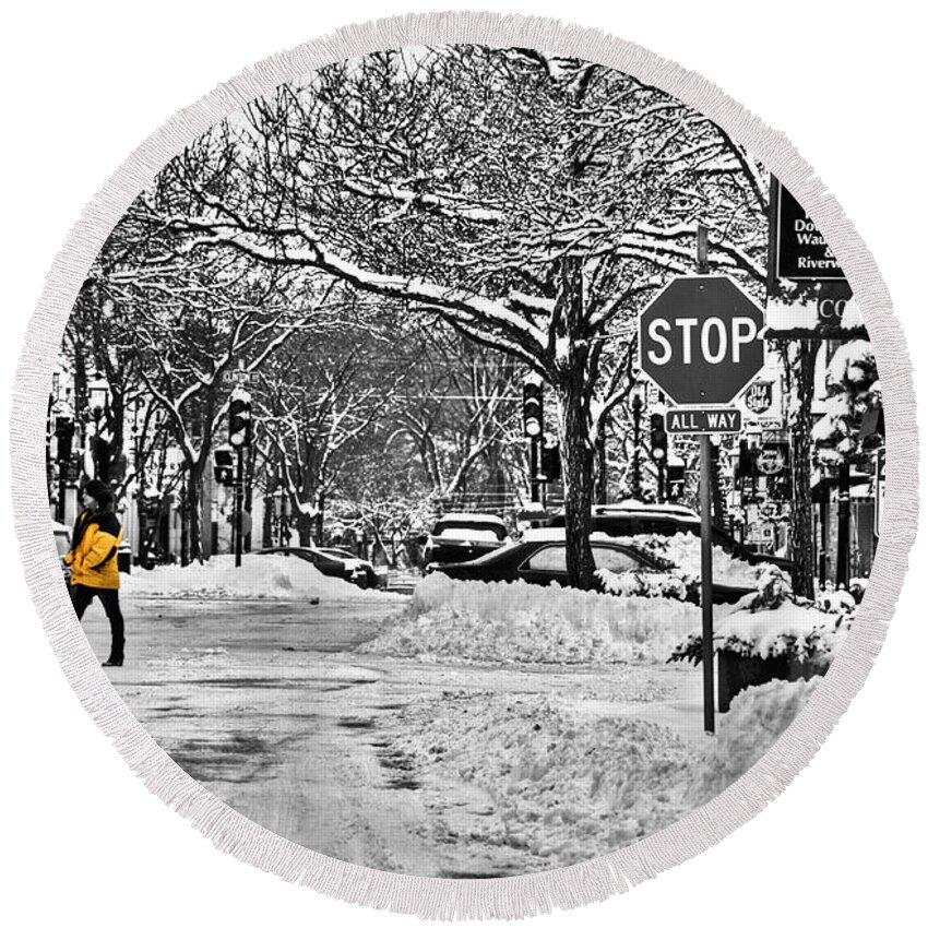 Scenery Round Beach Towel featuring the photograph City Snowstorm by Deborah Klubertanz