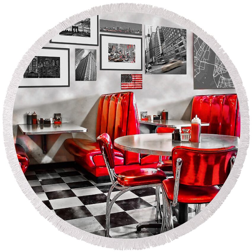 Diner Round Beach Towel featuring the photograph Classic American Diner restaurant by Delphimages Photo Creations