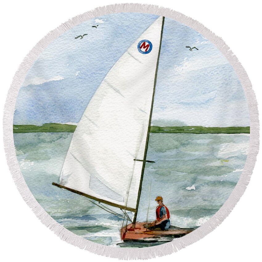 Classic Moth Sailboat Round Beach Towel featuring the painting Classic Moth Boat by Nancy Patterson