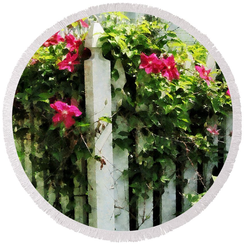 Clematis Round Beach Towel featuring the photograph Clematis on Fence by Susan Savad