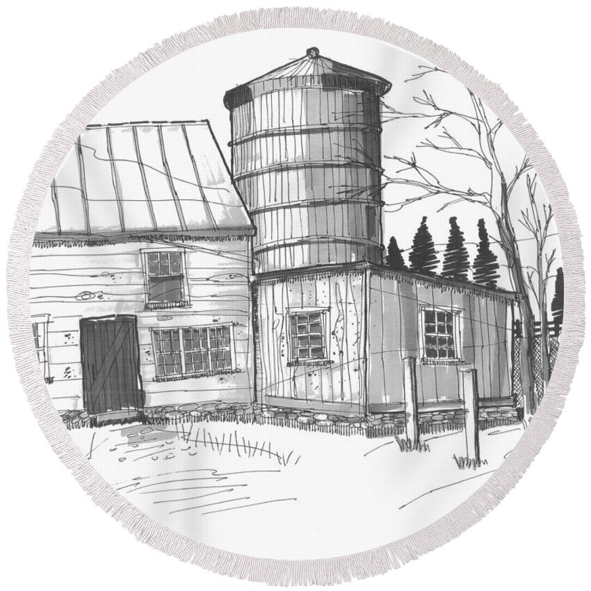 Barn Round Beach Towel featuring the drawing Clermont Barn 1 by Richard Wambach