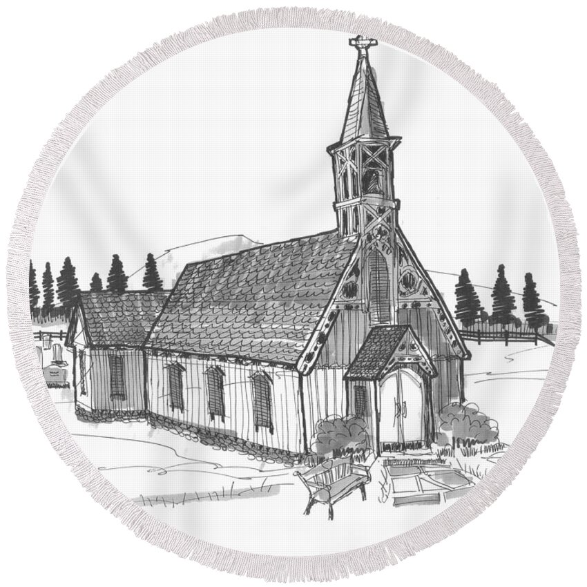 Church Round Beach Towel featuring the drawing Clermont Chapel by Richard Wambach