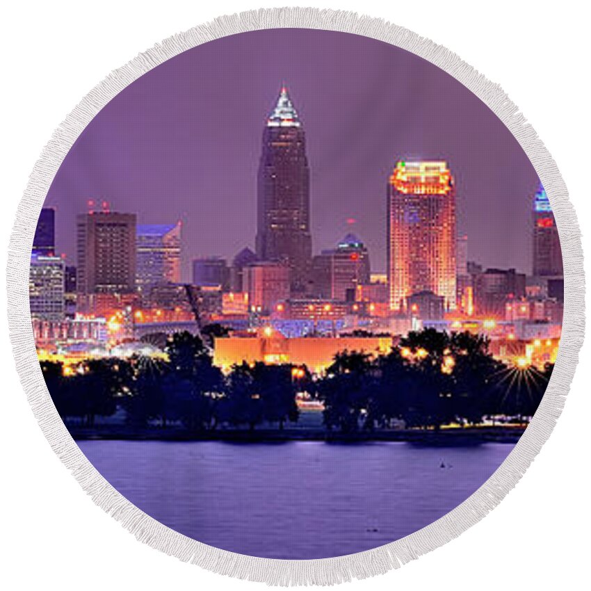 Cleveland Skyline Round Beach Towel featuring the photograph Cleveland Skyline at Night Evening Panorama by Jon Holiday