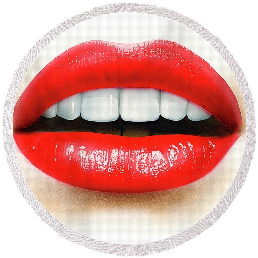 Adult Round Beach Towel featuring the photograph Close Up Of Mouth, Teeth And Red Lips by Ikon Ikon Images