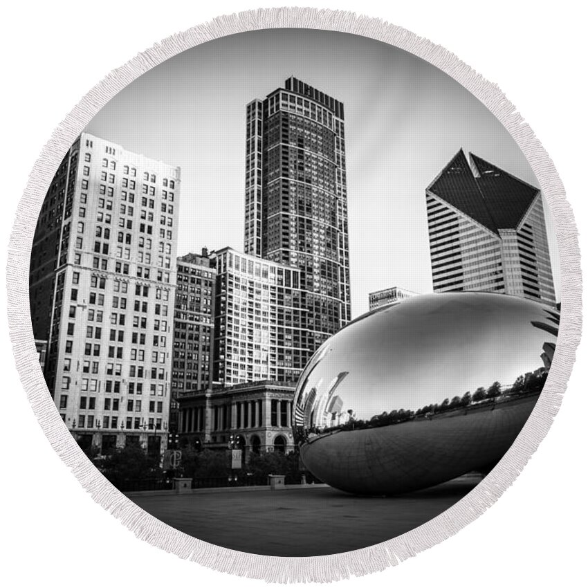 America Round Beach Towel featuring the photograph Cloud Gate Bean Chicago Skyline in Black and White by Paul Velgos