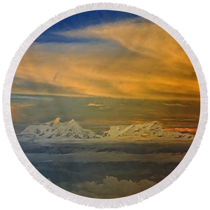 Clouds Round Beach Towel featuring the painting Clouds and Mountains by Troy Caperton