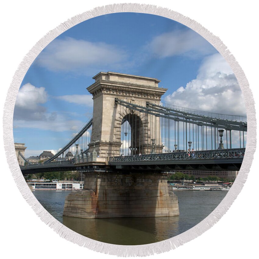 Budapest Round Beach Towel featuring the photograph Clouds Sky Water and Bridge by Caroline Stella