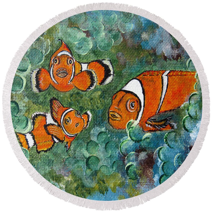 Fish Round Beach Towel featuring the painting Clown Fish Art original tropical painting by Ella Kaye Dickey