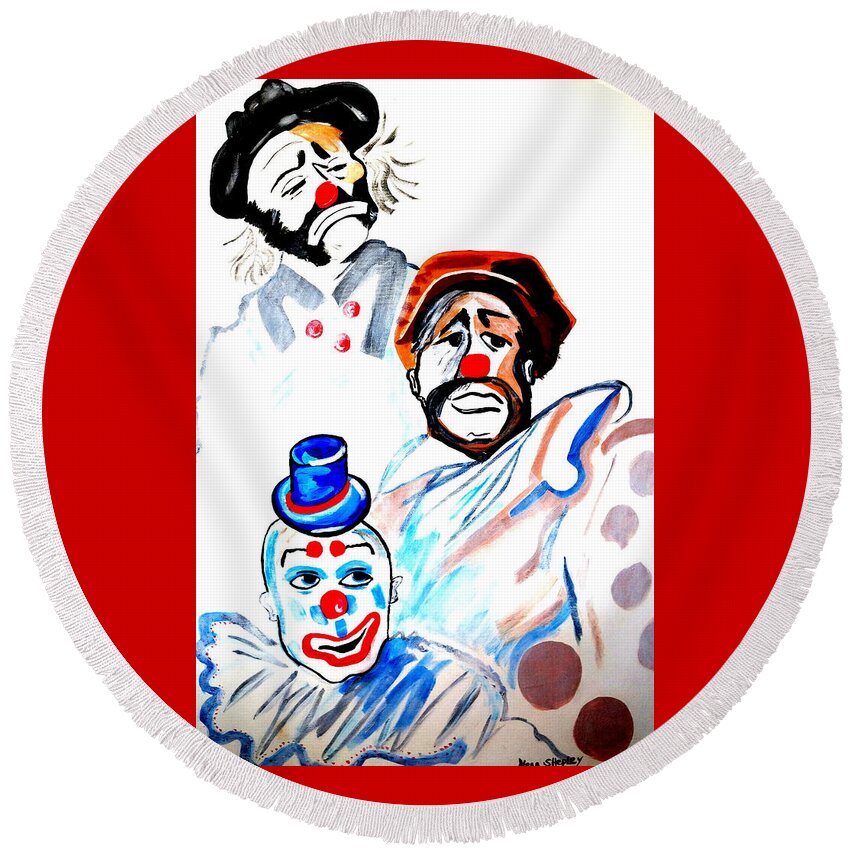 Clowns In Heaven Pop Art Modern Beautiful Colors Round Beach Towel featuring the painting Clowns in heaven by Nora Shepley