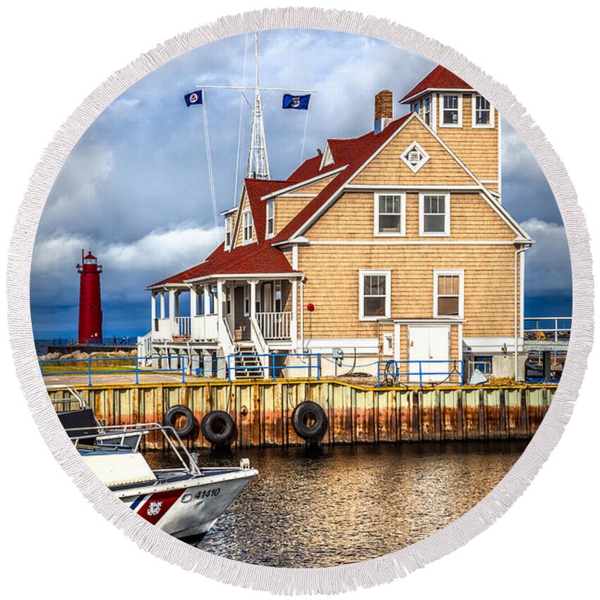 American Round Beach Towel featuring the photograph Coast Guard Station on Muskegon Lake by Debra and Dave Vanderlaan