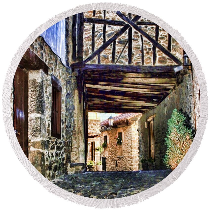 Potes Round Beach Towel featuring the photograph Cobble Streets of Potes Spain By Diana Sainz by Diana Raquel Sainz