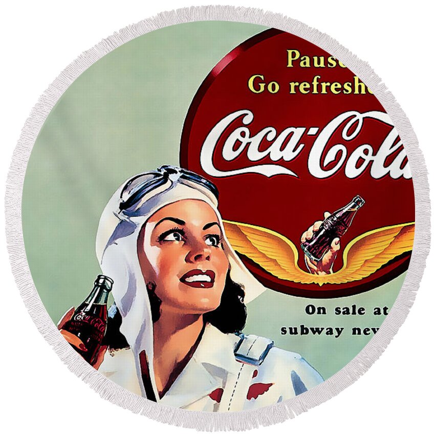 Ad Posters Mixed Media Mixed Media Round Beach Towel featuring the mixed media Coca Cola Vintage Ad Poster by Marvin Blaine