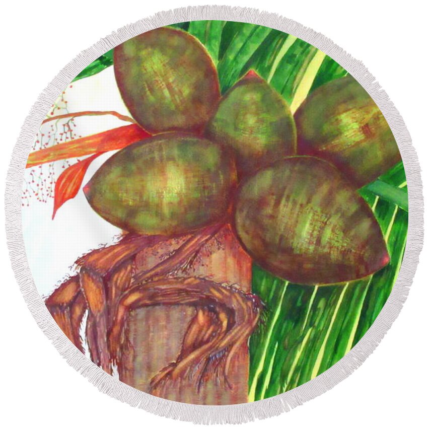 Painting Round Beach Towel featuring the painting Coconuts At Kahlua Beach Club by Ashley Goforth