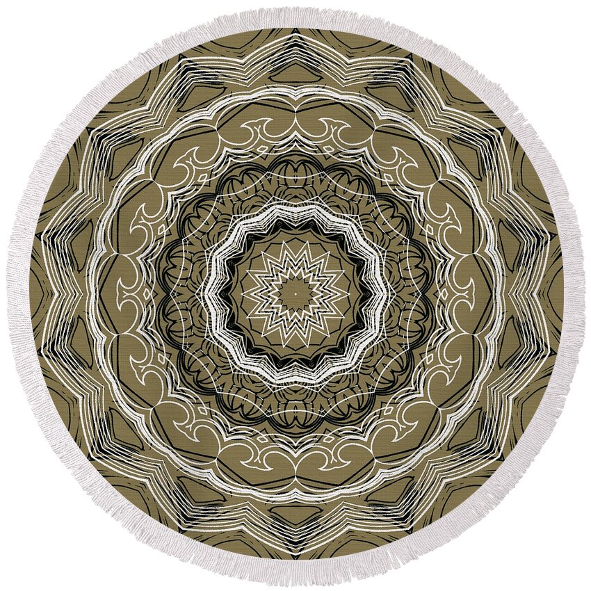 Intricate Round Beach Towel featuring the digital art Coffee Flowers 2 Ornate Medallion Olive by Angelina Tamez
