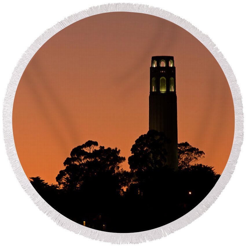 Kate Brown Round Beach Towel featuring the photograph Coit Tower Sunset by Kate Brown