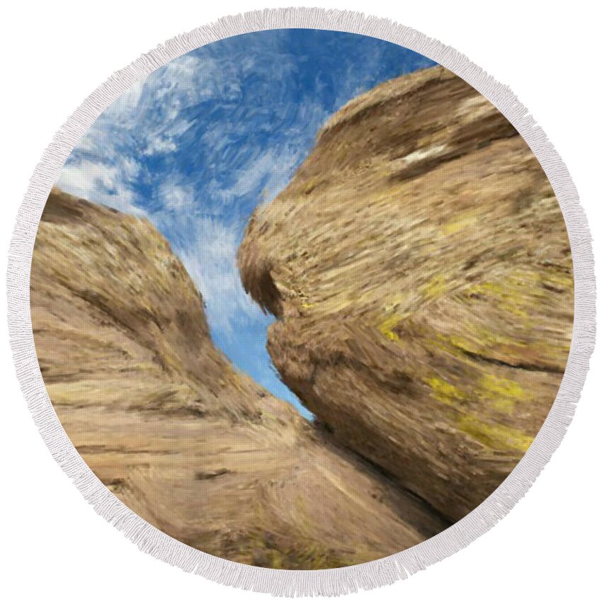 Colby Round Beach Towel featuring the painting Colby's Cliff by Bruce Nutting