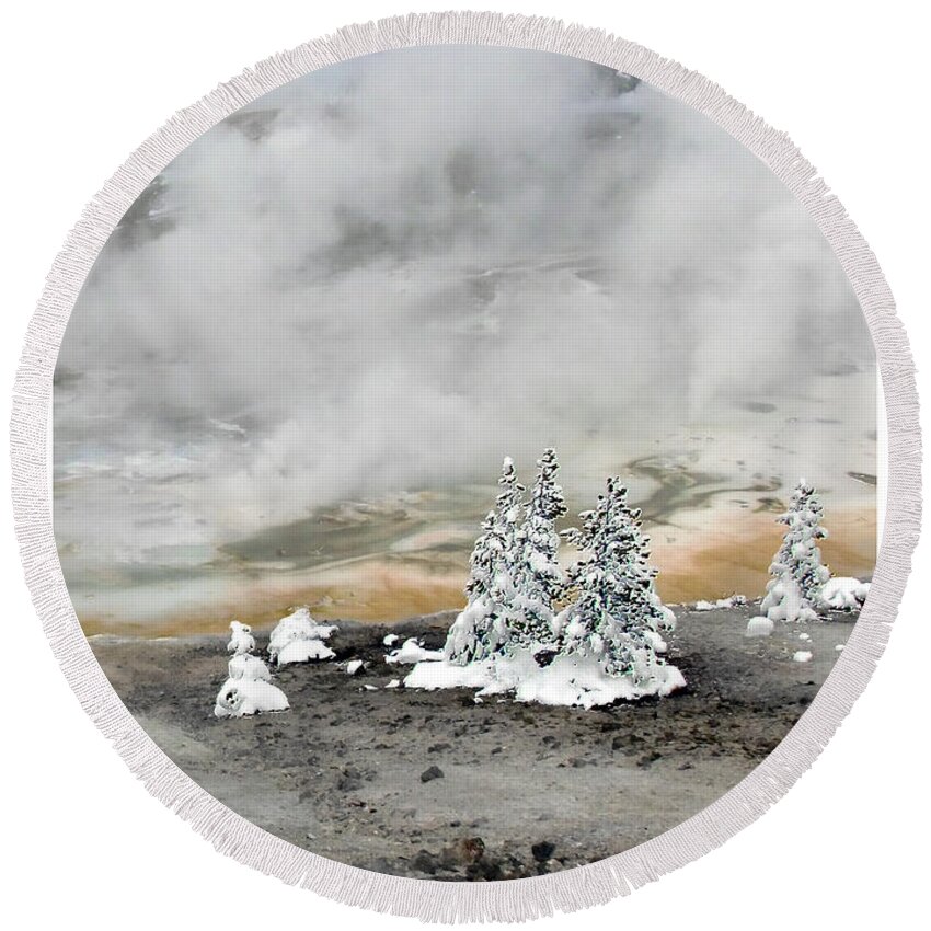Hoarfrost On Trees Round Beach Towel featuring the photograph Norris Geyser Basin Cold and Hot Trees by Kae Cheatham