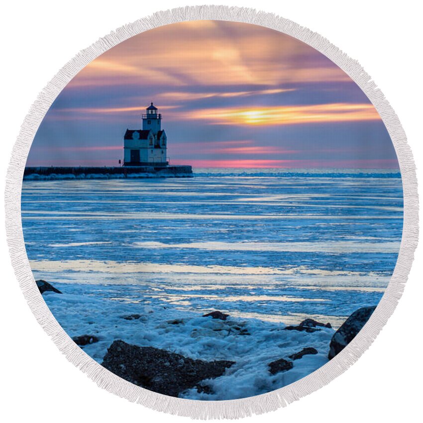 Lighthouse Round Beach Towel featuring the photograph Cold Pastels by Bill Pevlor