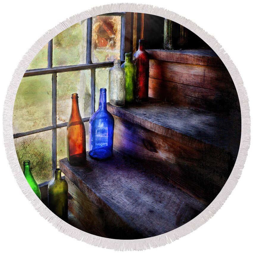 Savad Round Beach Towel featuring the photograph Collector - Bottle - A collection of bottles by Mike Savad