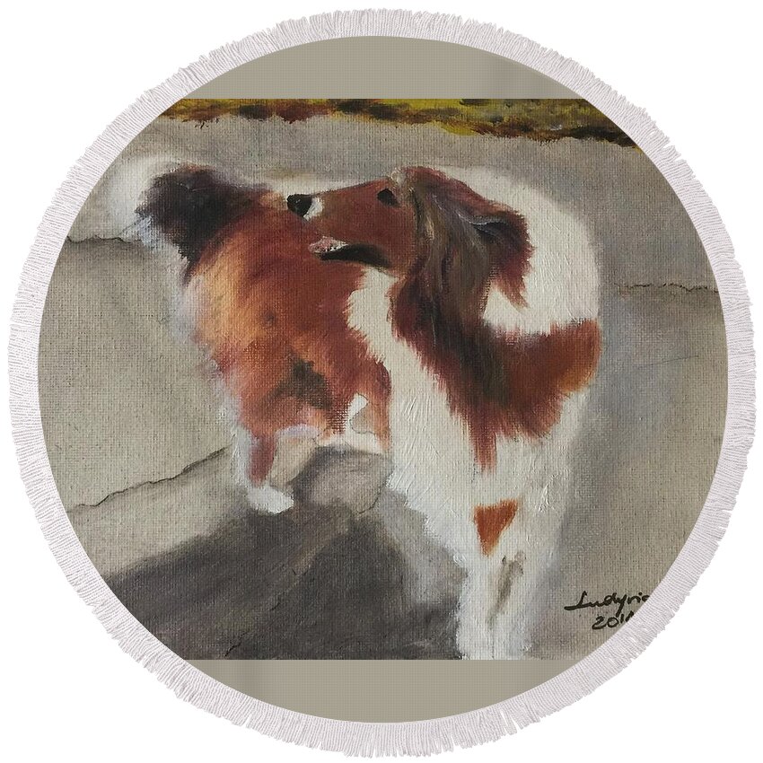 Art Round Beach Towel featuring the painting Collie by Ryszard Ludynia