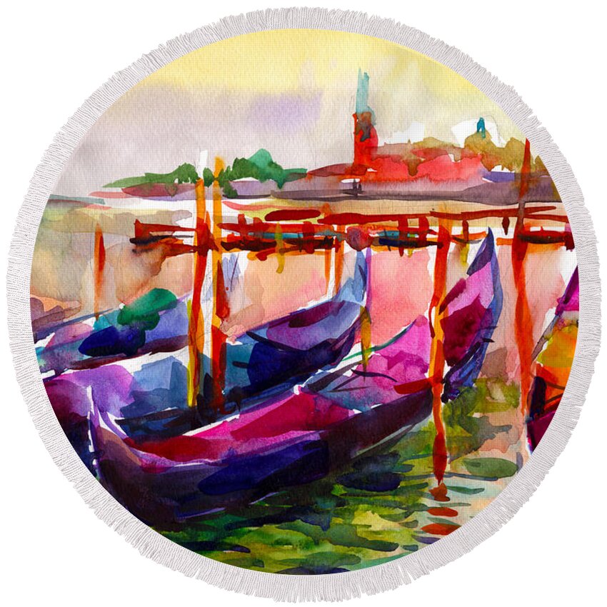 Venice Round Beach Towel featuring the painting Coloful Venice Boats painting by Svetlana Novikova