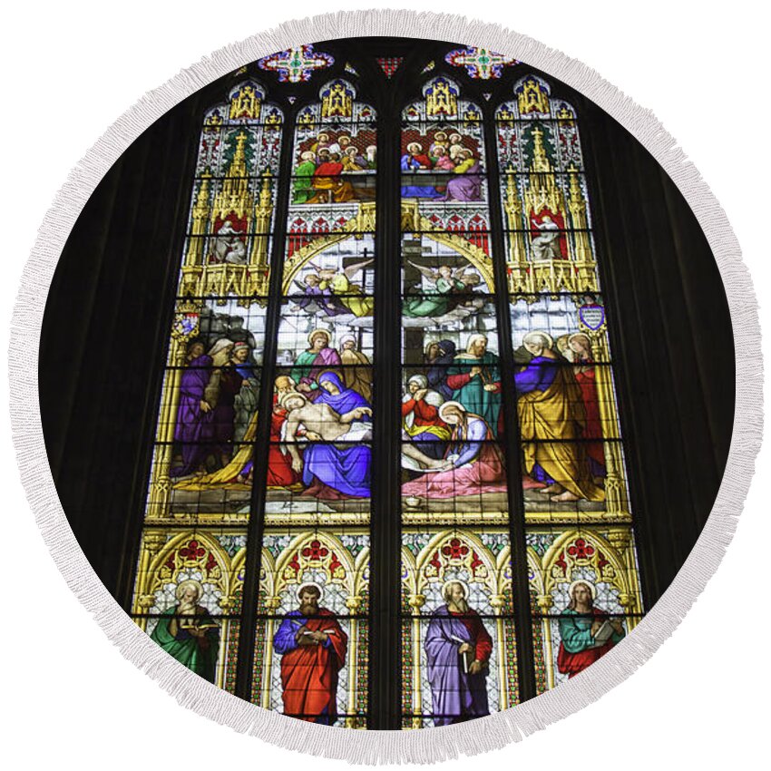 Cologne Cathedral Round Beach Towel featuring the photograph Cologne Cathedral Stained Glass Window of the Lamentation by Teresa Mucha