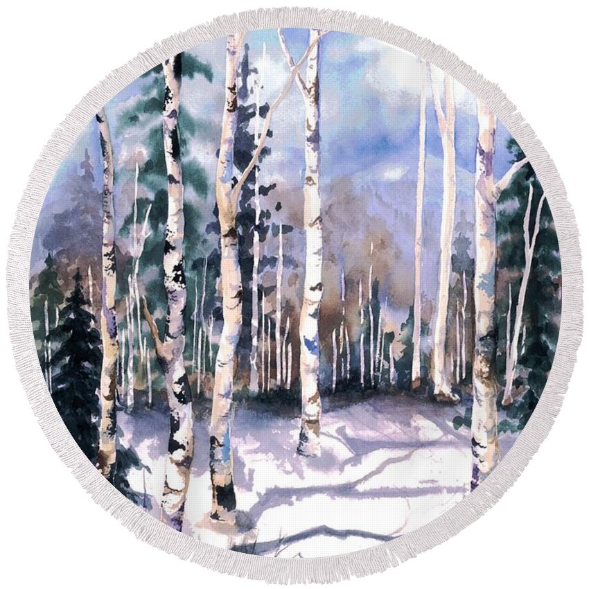 Water Color Paintings Round Beach Towel featuring the painting Colorado Aspens 2 by Barbara Jewell