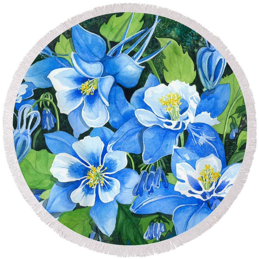 Flowers Round Beach Towel featuring the painting Colorado Columbines by Barbara Jewell