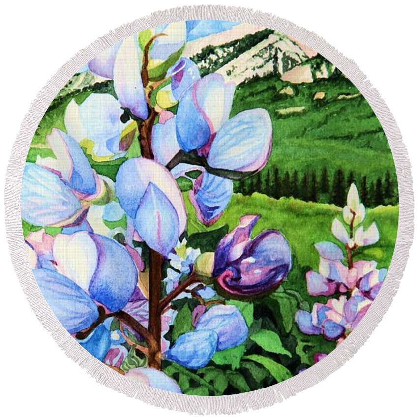 Flowers Round Beach Towel featuring the painting Colorado Summer Blues Close-Up by Barbara Jewell