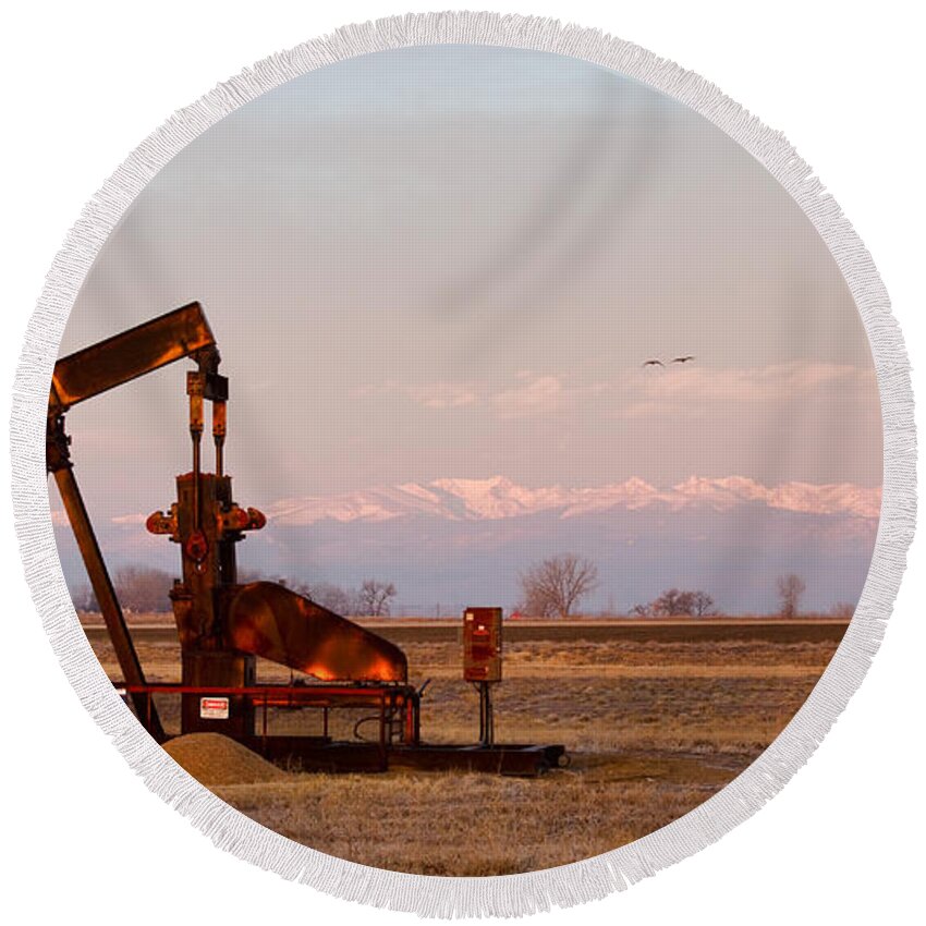 Oil Round Beach Towel featuring the photograph Colorado Oil Well Panorama by James BO Insogna