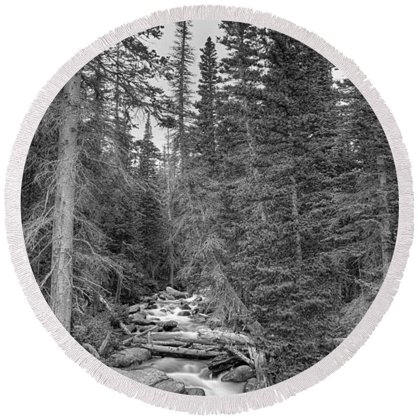 Mountain Stream Round Beach Towel featuring the photograph Colorado Rocky Mountain Flowing Stream BW by James BO Insogna
