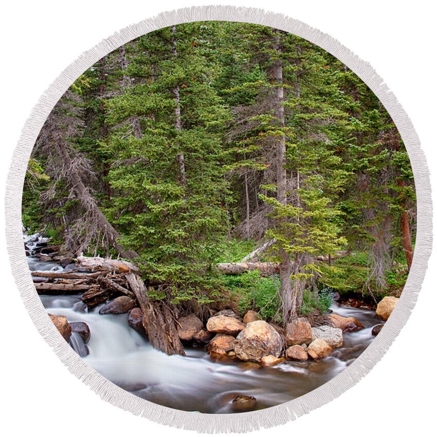 Mountain Stream Round Beach Towel featuring the photograph Colorado Rocky Mountain Forest Stream by James BO Insogna