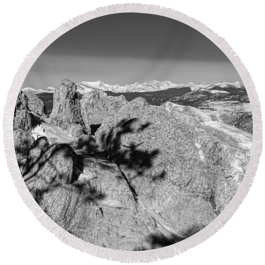 Rocky Mountains Round Beach Towel featuring the photograph Colorado Rocky Mountain Scenic View in Black and White by James BO Insogna