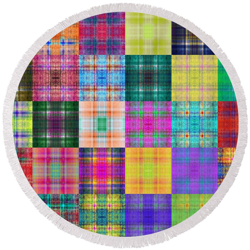 Andee Design Abstract Round Beach Towel featuring the digital art Colorful Plaid Diptych Panel 2 by Andee Design