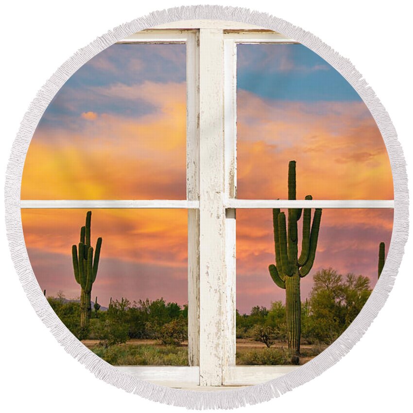 'window Frame Art' Round Beach Towel featuring the photograph Colorful Southwest Desert Rustic Window Art View by James BO Insogna