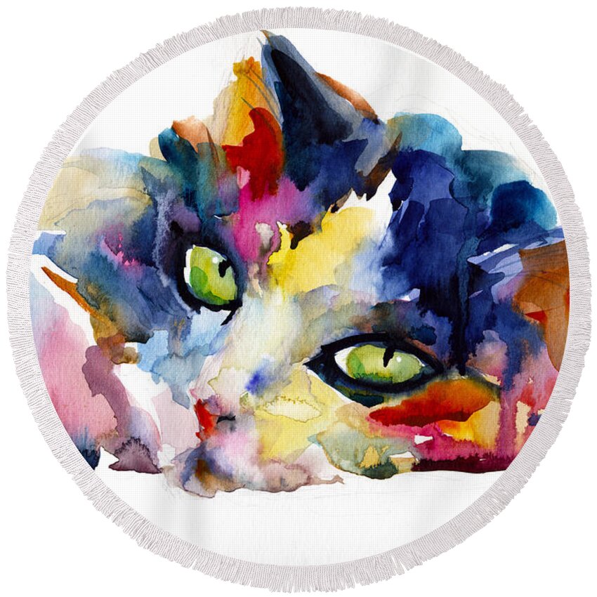 Tubby Cat Round Beach Towel featuring the painting Colorful Tubby cat painting by Svetlana Novikova
