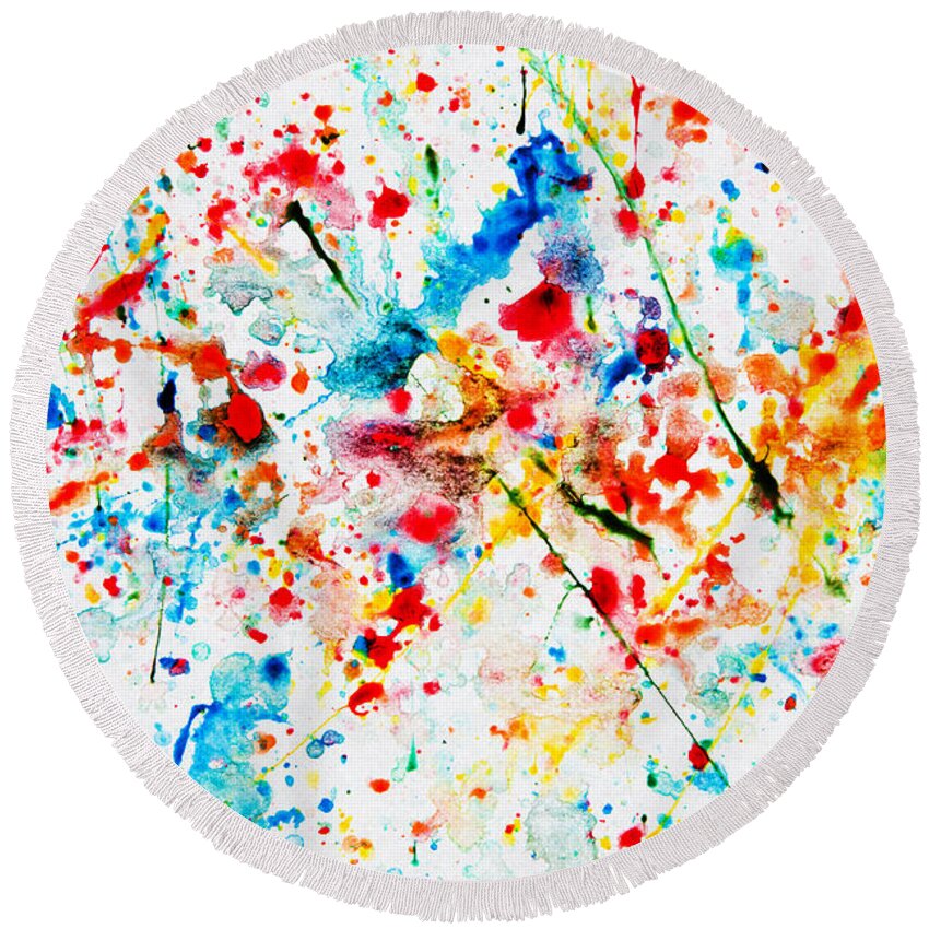 Painting Round Beach Towel featuring the photograph Colorful watercolor splash on white paper by Michal Bednarek