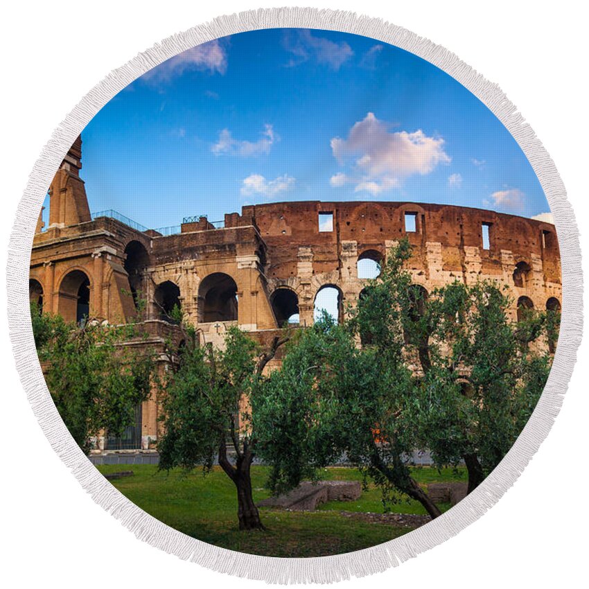 Colosseum Round Beach Towel featuring the photograph Colosseum Behind Trees by Inge Johnsson