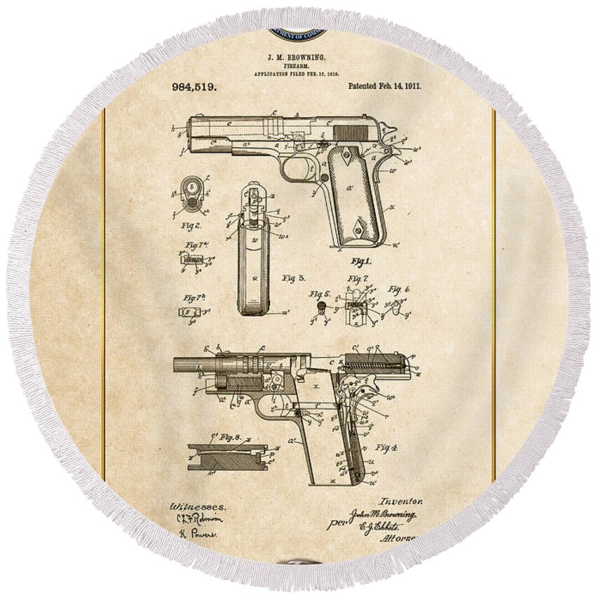 C7 Vintage Patents Weapons And Firearms Round Beach Towel featuring the digital art Colt 1911 by John M. Browning - Vintage Patent Document by Serge Averbukh