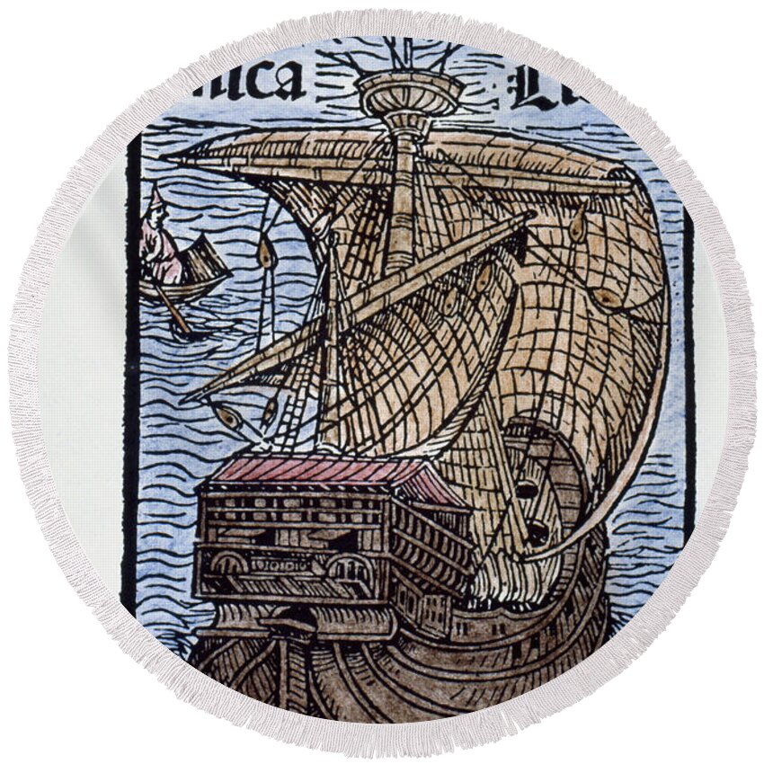 1493 Round Beach Towel featuring the painting Columbus's Caravel, 1493 by Granger