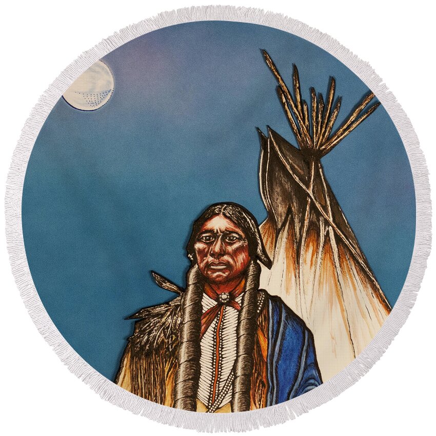 Comanche Moon Round Beach Towel featuring the mixed media Comanche Moon by Kem Himelright